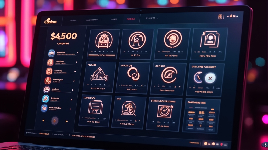 An account dashboard with balance, profile, and support tools in a casino-themed interface