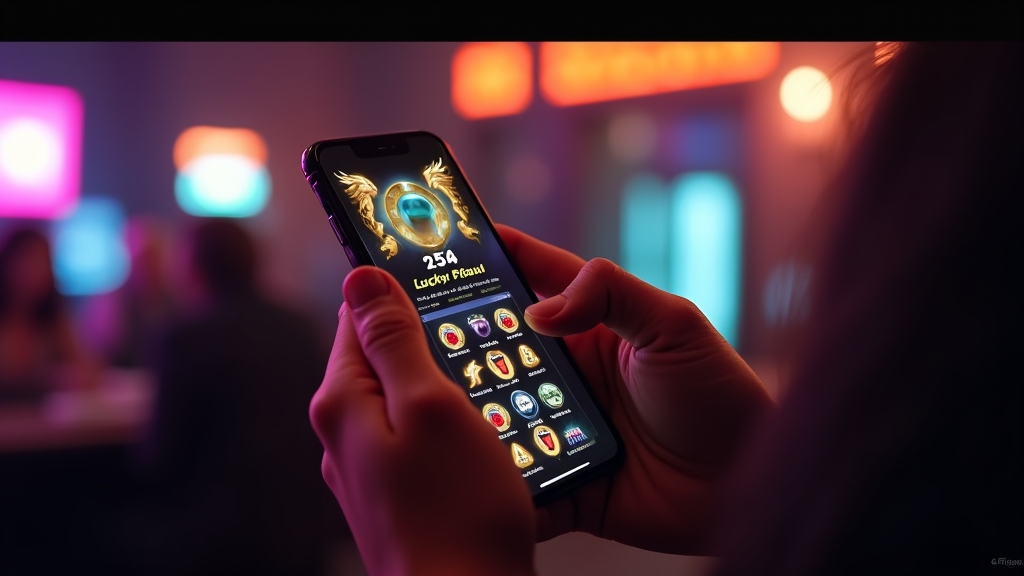 Person using the Lucky Haul app on a phone in a neon casino lounge