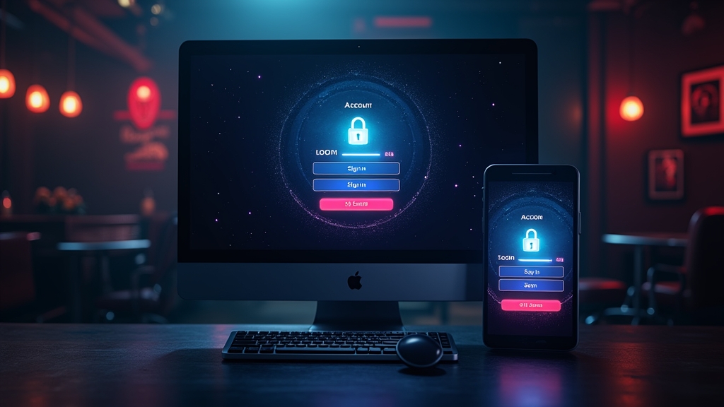 A casino login screen shown on desktop and mobile in a dark neon setting
