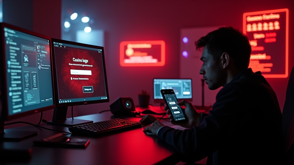 A login error screen with browser and connection warning signs in a dark casino setting