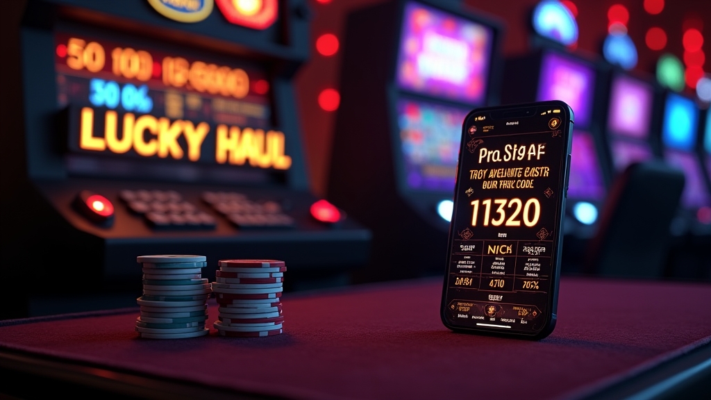 Casino promo code field beside a slot machine and phone on a dark gaming table