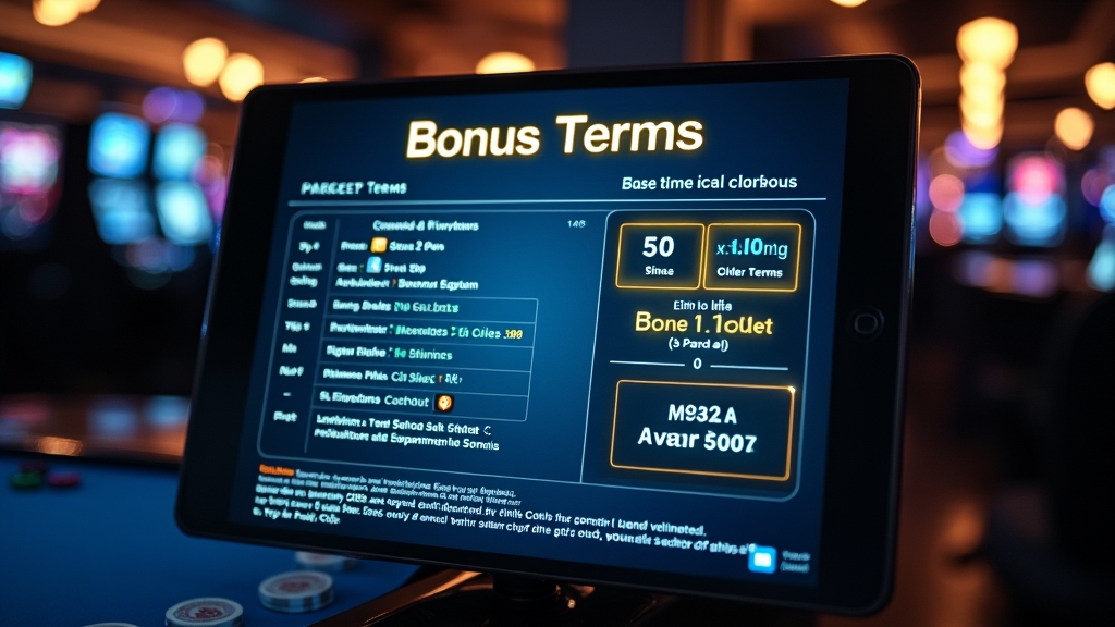 Bonus terms table on a screen with chips and a locked cashout meter in a casino
