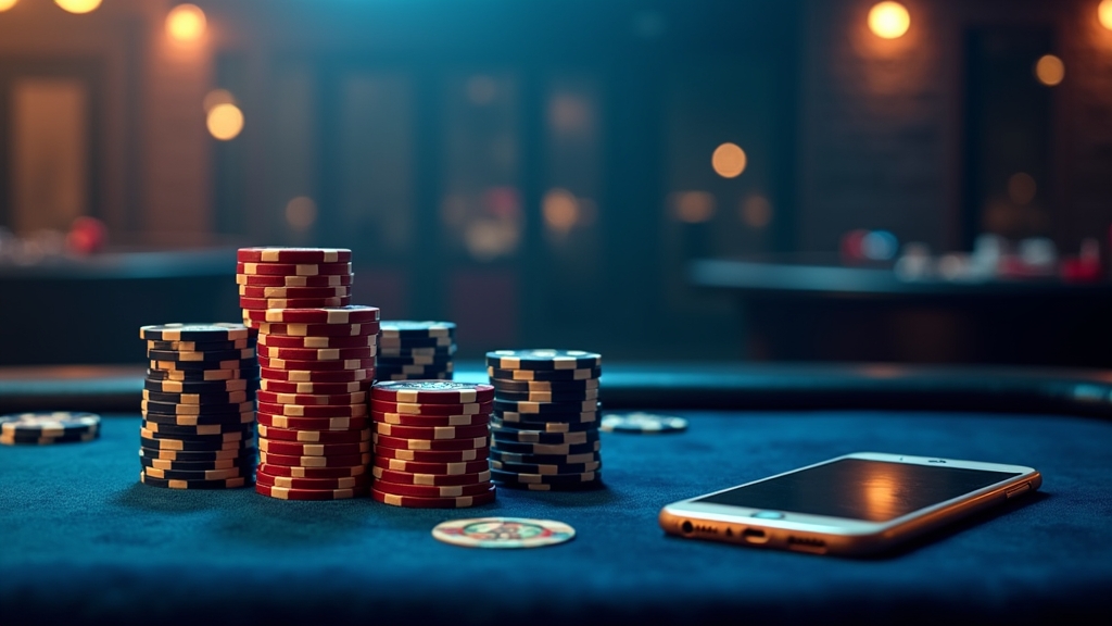 New player bonus display with chips, free spins icons, and a phone in a moody casino