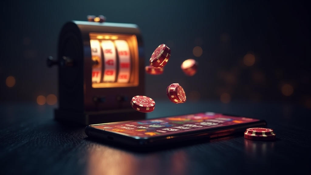 No deposit bonus screen glowing beside a slot cabinet in a dark casino setting