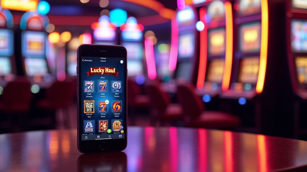 Smartphone showing the Lucky Haul app in a neon casino lobby