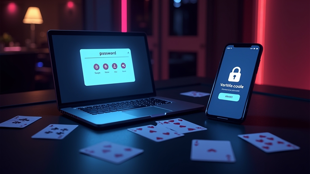 A password reset email and verification code on a laptop and phone in a casino-themed setting