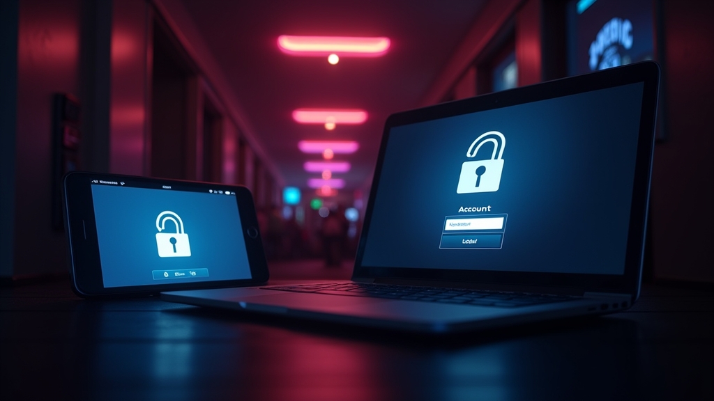 A player securing a logged-in account on a phone and laptop in a dark casino environment