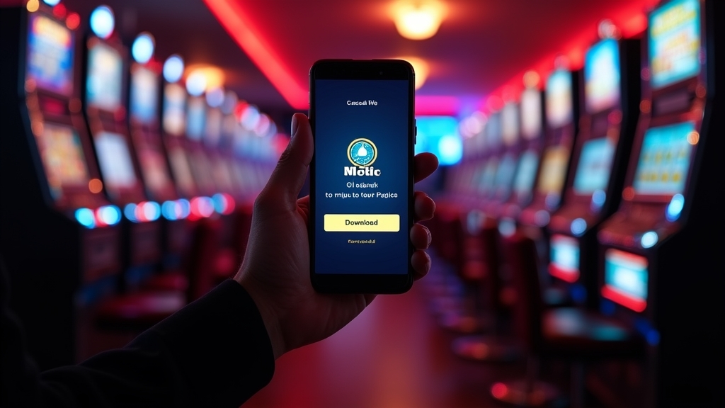 Phone downloading the Lucky Haul app in a dark neon casino corridor